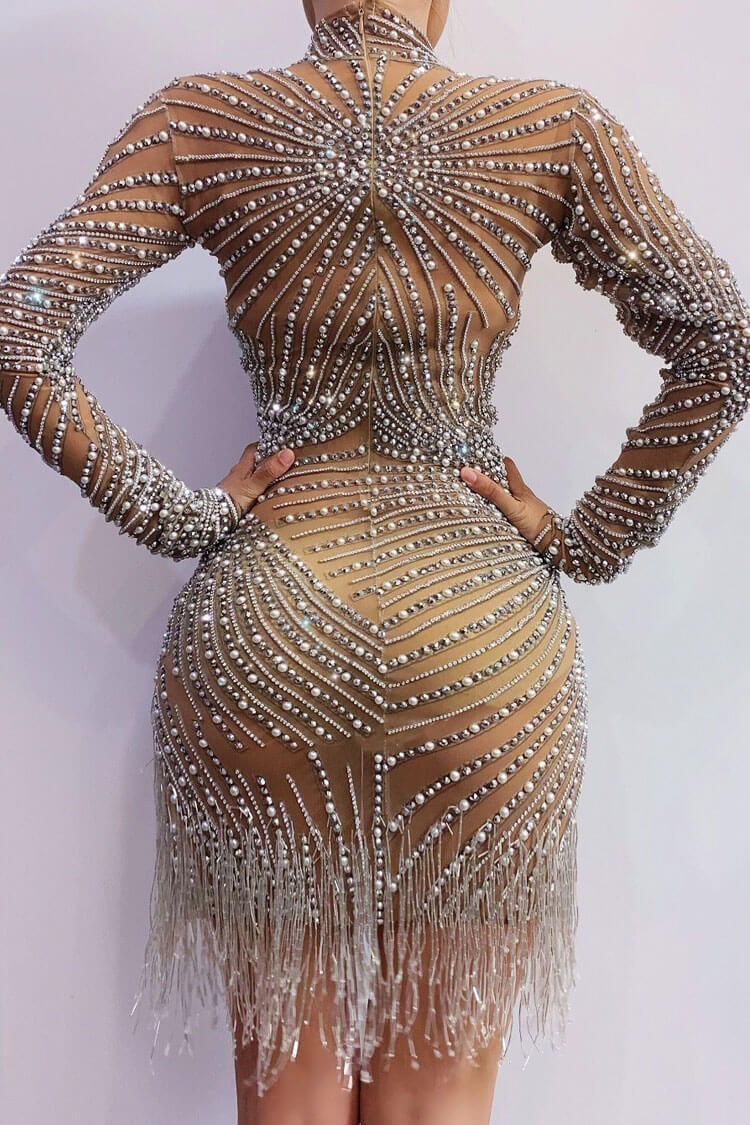 Mesh High Neck Long Sleeve Rhinestone Fringe Mini Dress - View 6