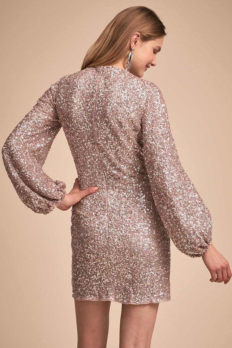 Sequin High Neck Long Sleeve Bodycon Mini Party Dress - View 9