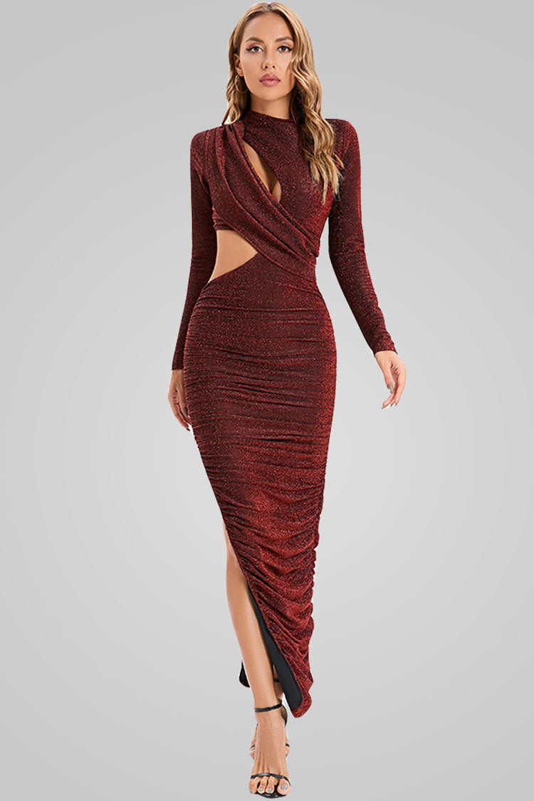 Glitter Long Sleeve Cut Out Ruched High Split Bodycon Maxi Dress