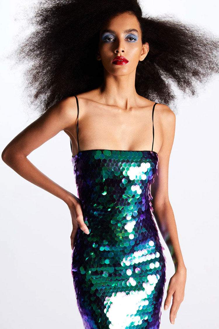 Sequin Spaghetti Strap Straight Neck Bodycon Midi Dress - View 2