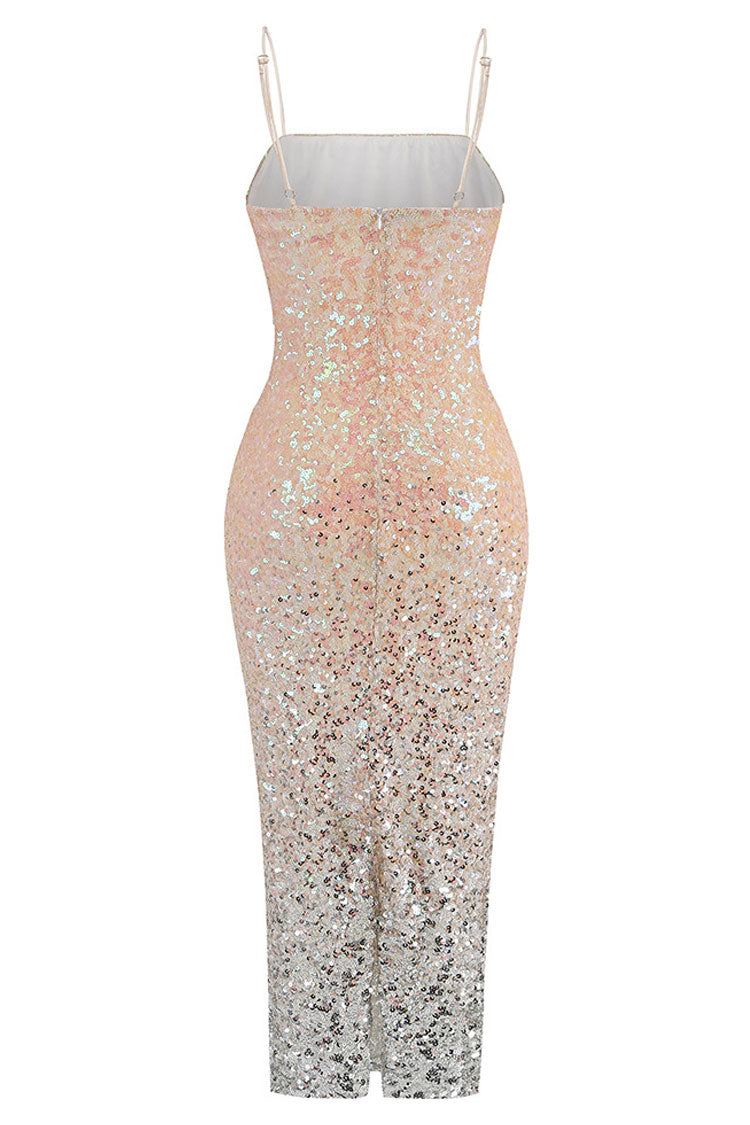 Ombre Sequin Square Neck Spaghetti Strap Mermaid Midi Dress - View 6