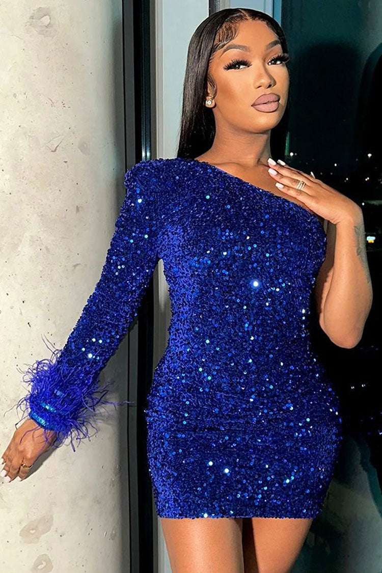 Sequin One Shoulder Long Sleeve Feather Cuff Bodycon Mini Party Dress - View 2