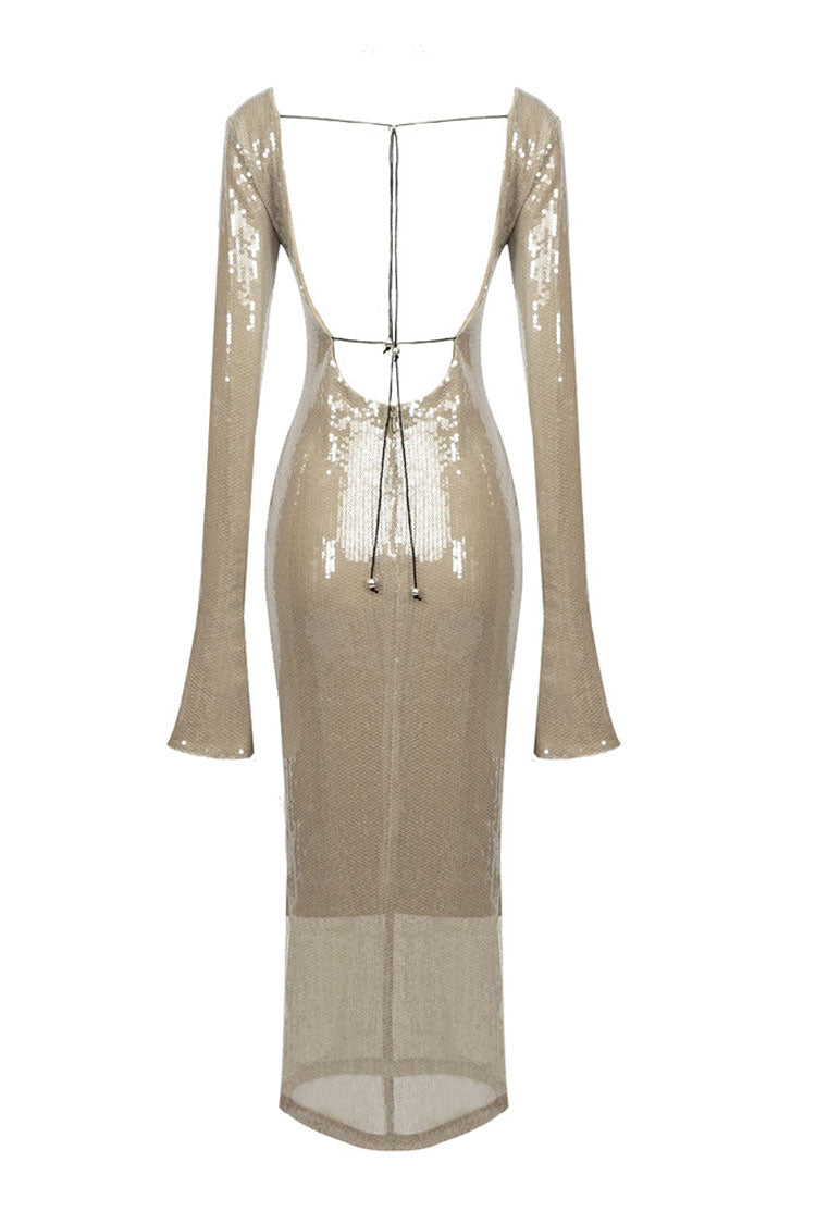 Sparkly Plunge Drawstring Cutout Mesh Sequin Maxi Dress - Nude - View 5