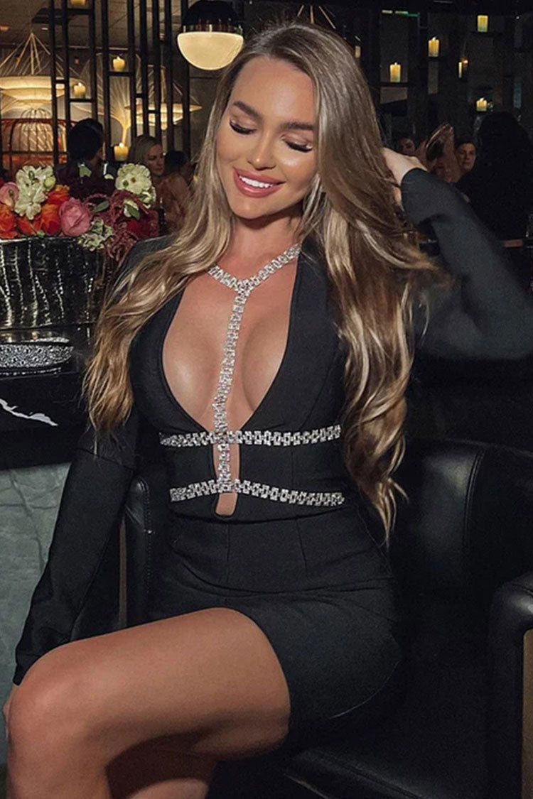 Sparkly Rhinestone Bandage Deep V Cocktail Mini Dress - Black