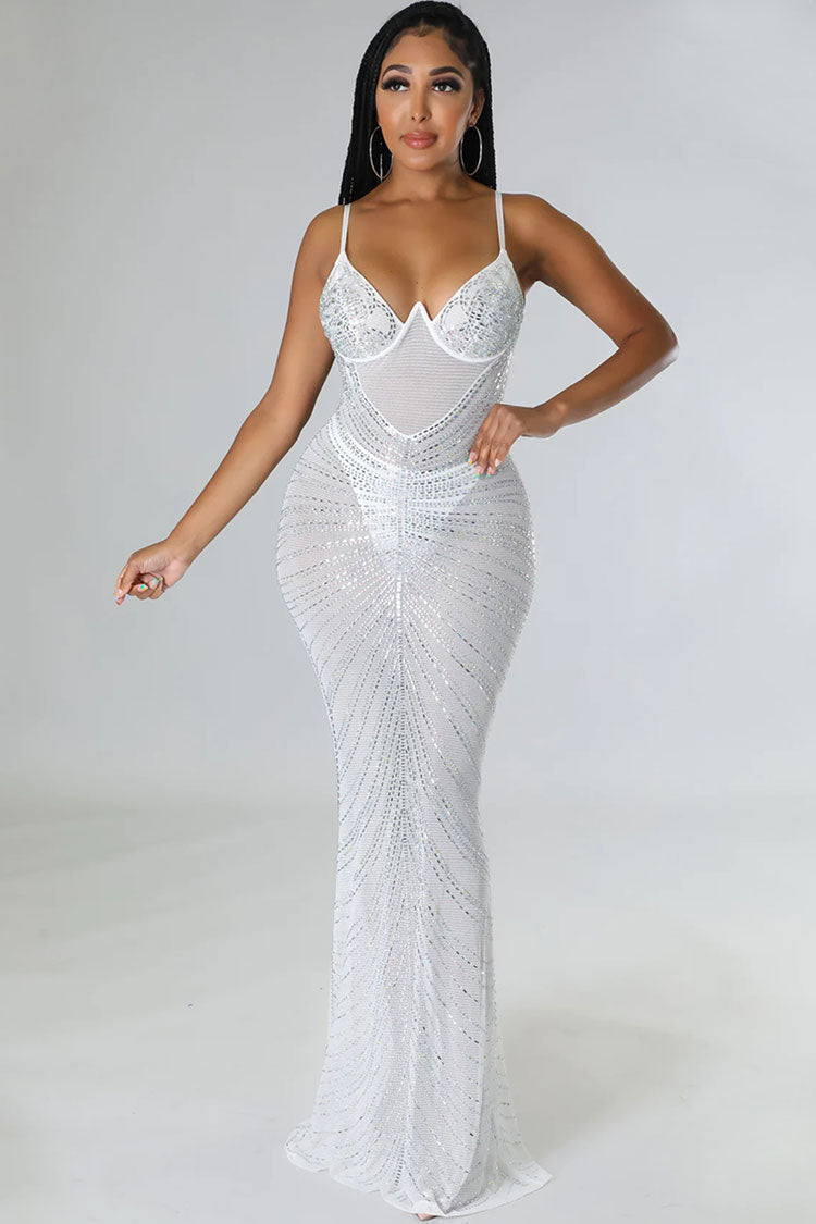 Sparkly Rhinestone Bustier Fishtail Evening Maxi Dress - White