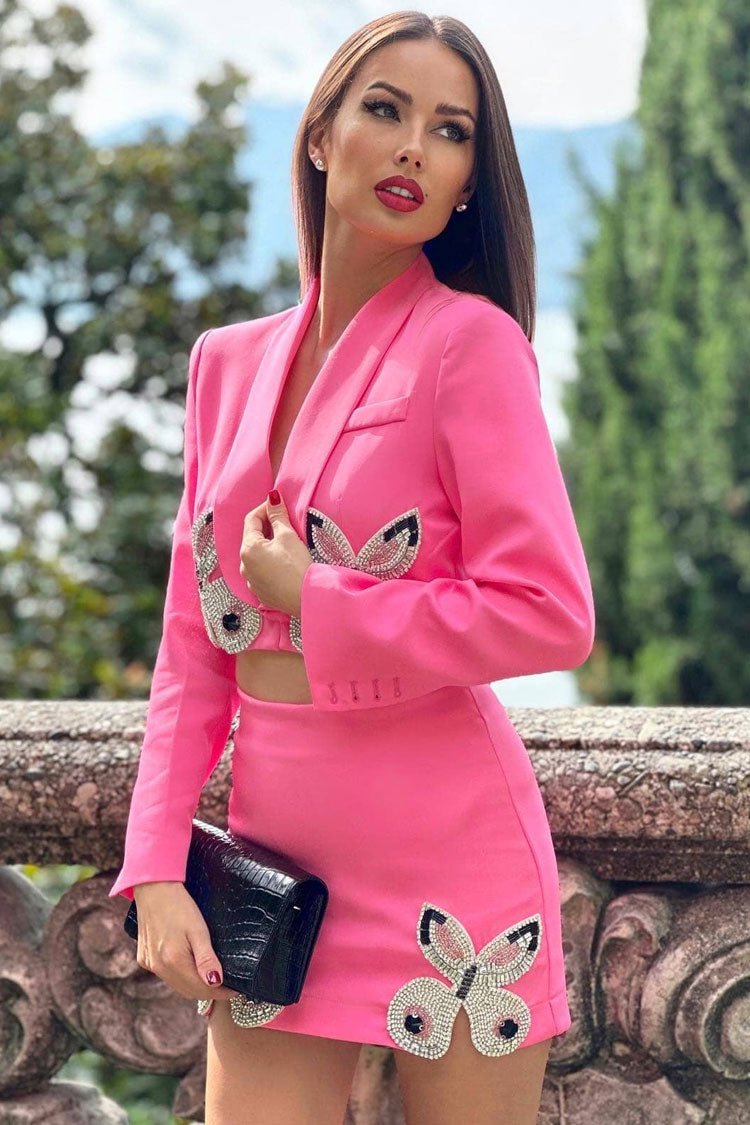 Sparkly Rhinestone Butterfly Lapel Cropped Mini Dress - Pink - View 3
