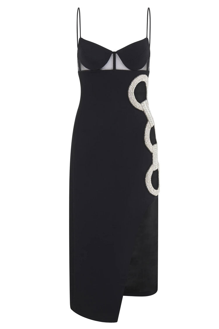 Sparkly Rhinestone Cutout Spaghetti Strap Bandage Midi Dress - Black - View 4
