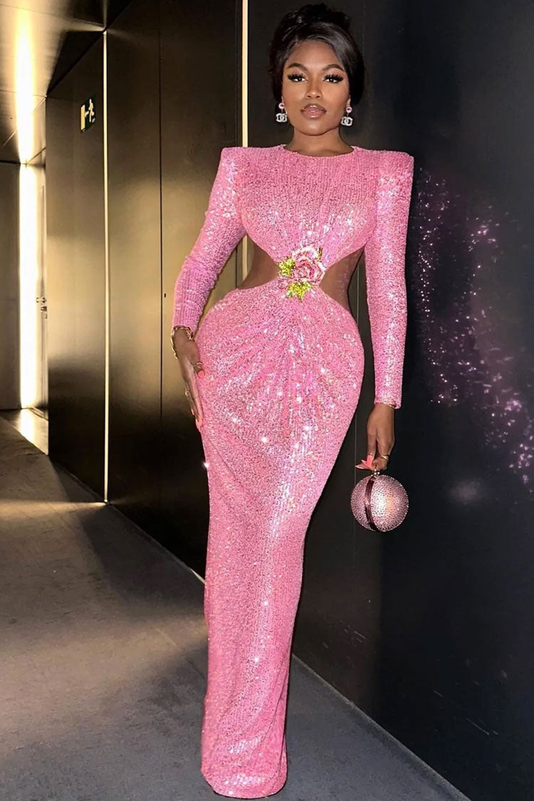 Sequin Round Neck Long Sleeve Cut Out Rosette Bodycon Maxi Dress