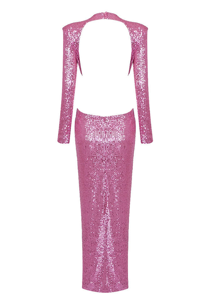 Sequin Round Neck Long Sleeve Cut Out Rosette Bodycon Maxi Dress - View 4
