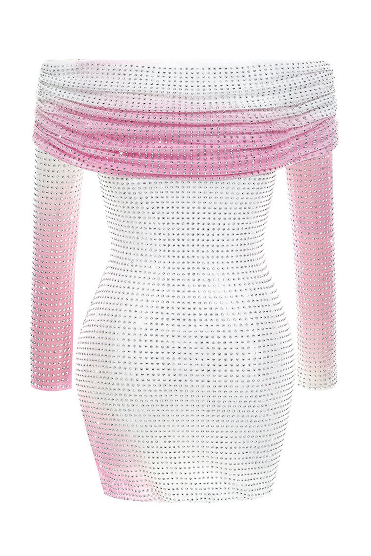 Sparkly Rhinestone Foldover Off Shoulder Party Mini Dress - Pink - View 3
