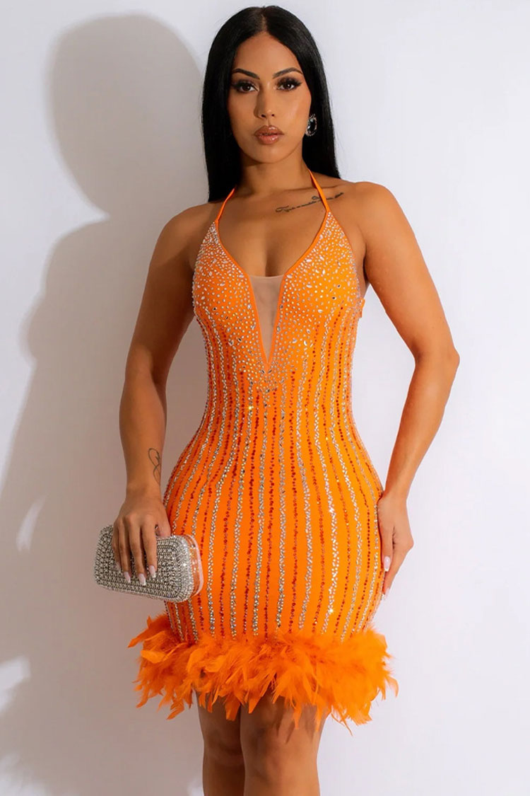 Rhinestone Halter Neck Feather Trim Bodycon Mini Party Dress - View 2