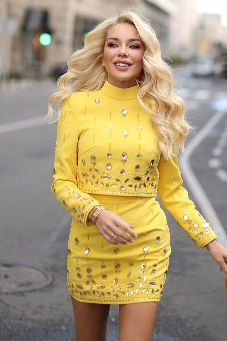 Sparkly Rhinestone High Neck Crop Top Mini Dress - Yellow