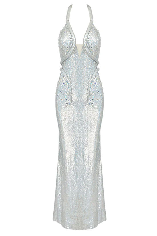 Crystal Embellished Halter Neck Plunge Mermaid Gown - View 3