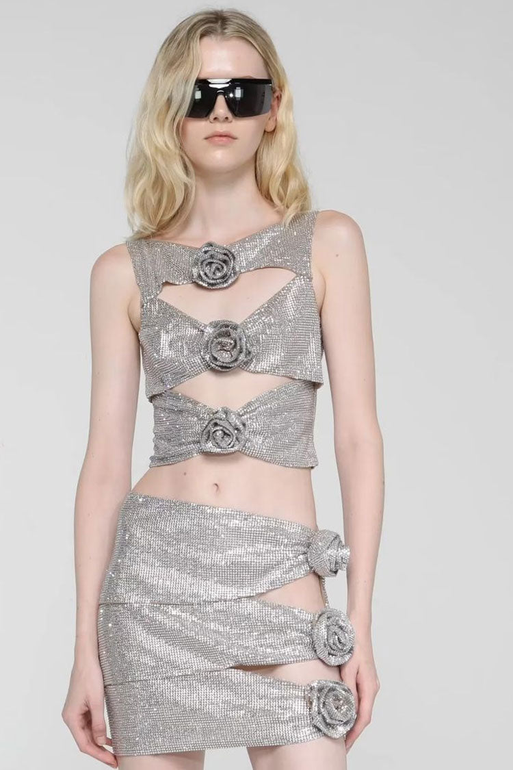 Sparkly Rhinestone Rosette Cutout Mesh Top Mini Dress - Silver - View 3