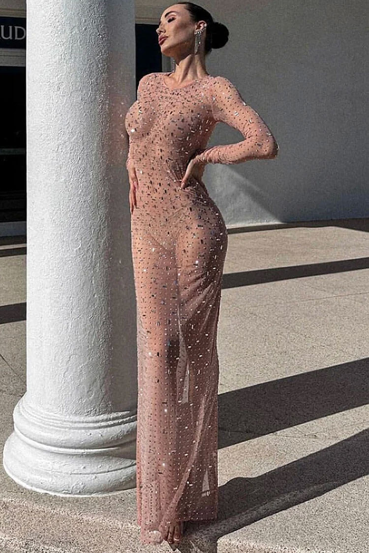 Sparkly Rhinestone Round Neck Long Sleeve Split Maxi Dress - Pink - View 2
