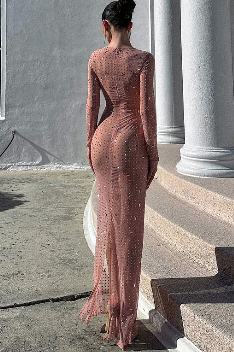 Sparkly Rhinestone Round Neck Long Sleeve Split Maxi Dress - Pink - View 3