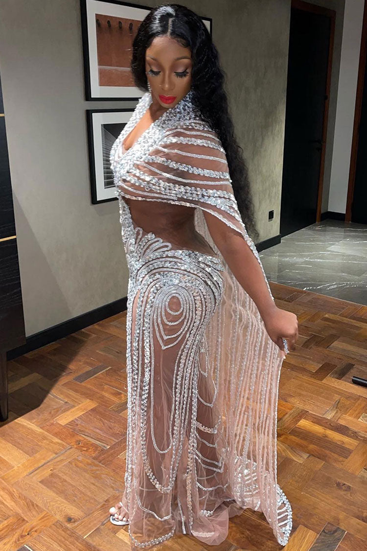 Rhinestone Sheer Mesh Deep V-Neck Cut Out Beaded Maxi Evening Gown - View 2