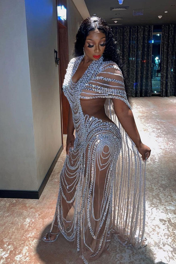 Rhinestone Sheer Mesh Deep V-Neck Cut Out Beaded Maxi Evening Gown - View 3