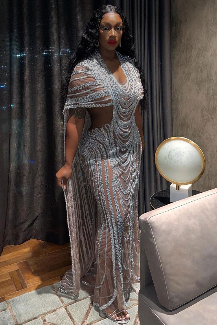 Rhinestone Sheer Mesh Deep V-Neck Cut Out Beaded Maxi Evening Gown - View 4