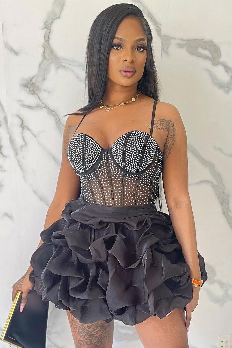 Sparkly Rhinestone Sheer Mesh Sleeveless Ruffle Party Mini Dress - Black - View 2
