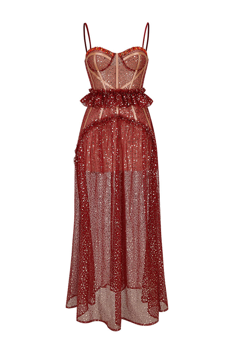 Sequin Spaghetti Strap Corset Sheer Tulle Ruffle Maxi Dress - View 4