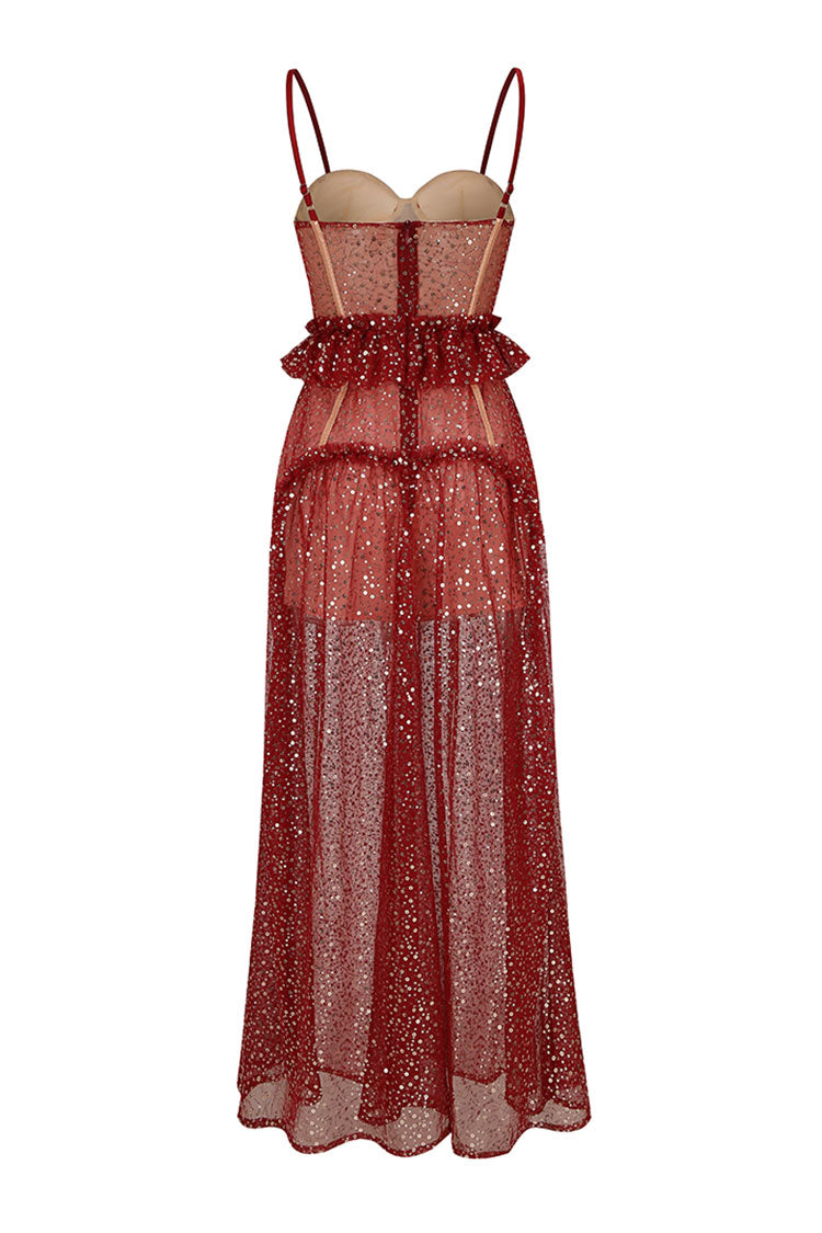 Sequin Spaghetti Strap Corset Sheer Tulle Ruffle Maxi Dress - View 5