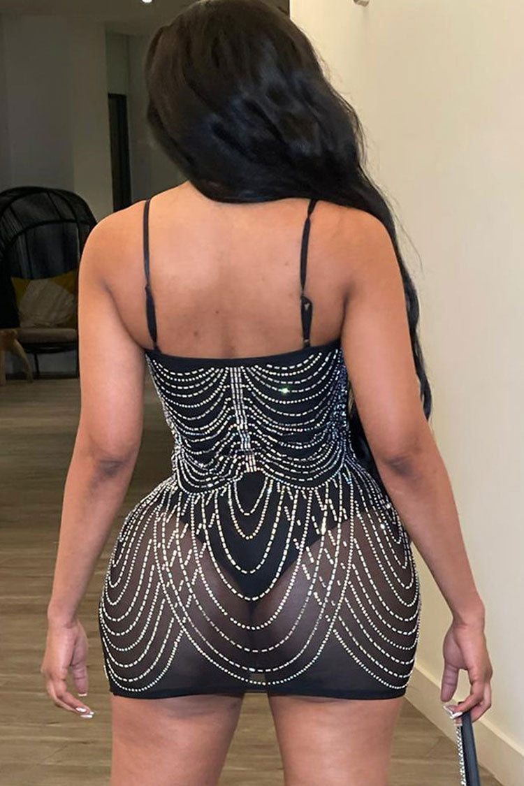 Rhinestone Sweetheart Neck Sheer Mesh Bodycon Party Mini Dress - View 5