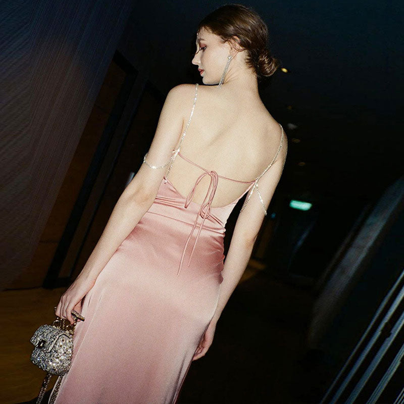 Rhinestone Trim Cowl Neck High Split Backless Maxi Dress - Pink - View 3