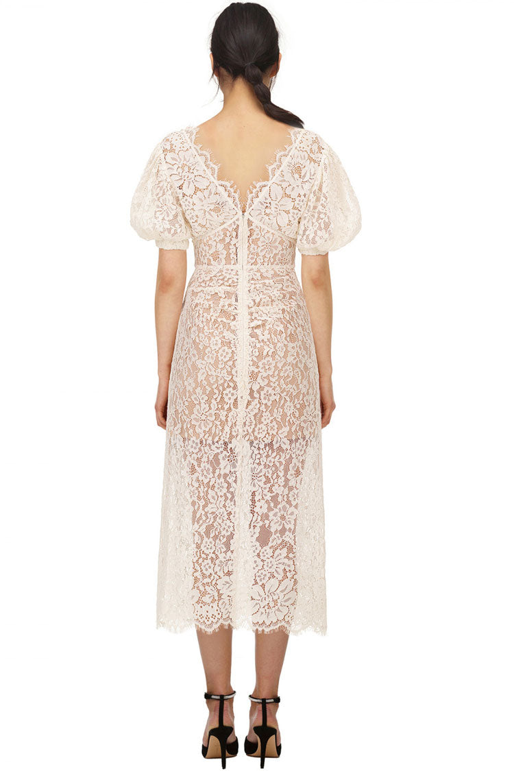 Sparkly Rhinestone V Neck Lace Cocktail Party Midi Dress - Cream - View 3