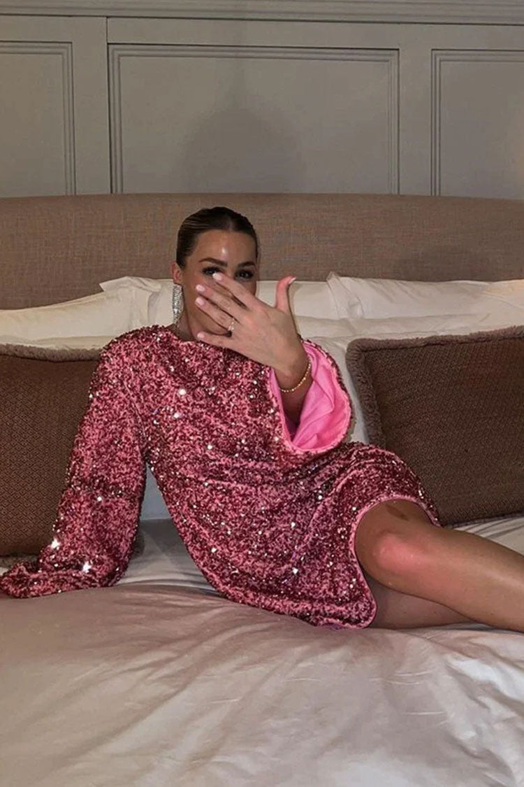 Sequin Long Sleeve Bow Back Oversized Mini Party Dress - View 3