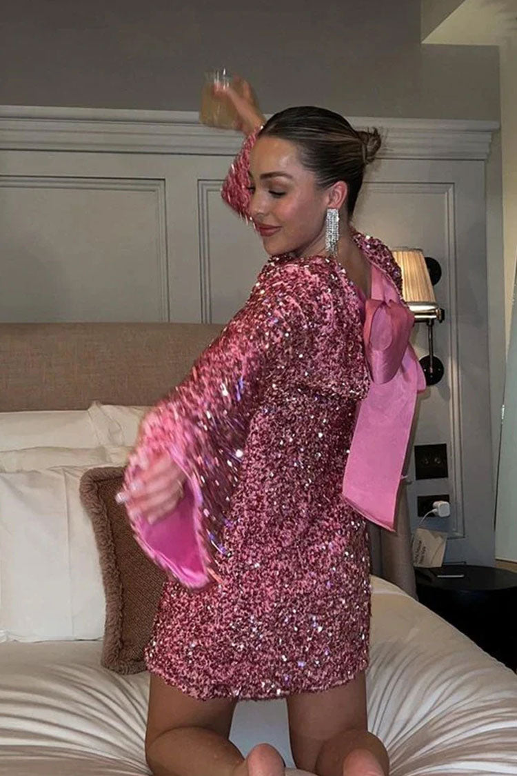 Sequin Long Sleeve Bow Back Oversized Mini Party Dress - View 5