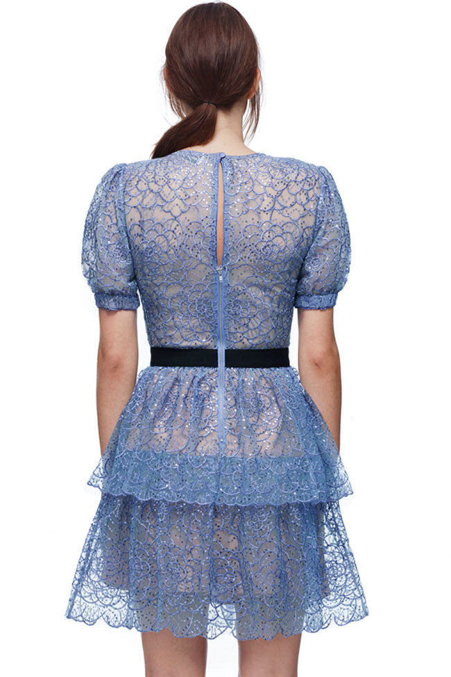 Floral Lace Puff Sleeve Tiered Ruffle Mini Dress - View 3