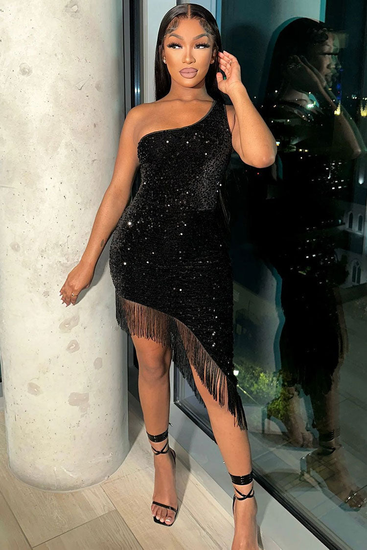 Sequin One Shoulder Fringe Bodycon Mini Dress - View 2