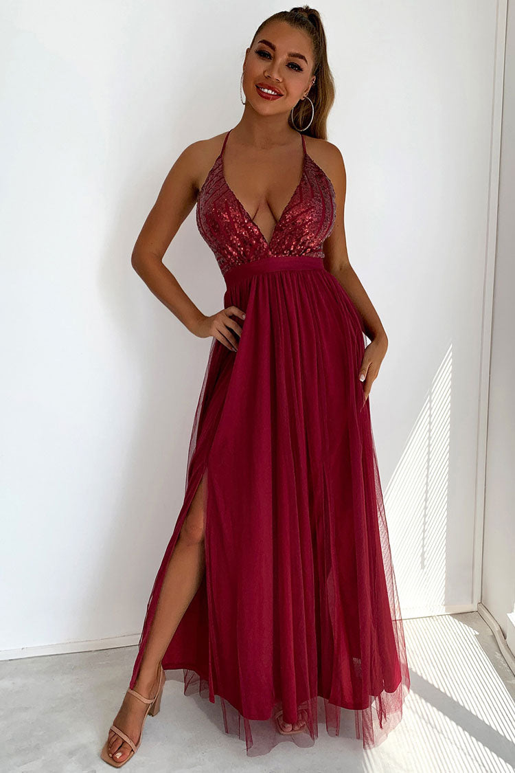 Sequin Deep V-Neck Spaghetti Strap Backless High Split Tulle Maxi Dress