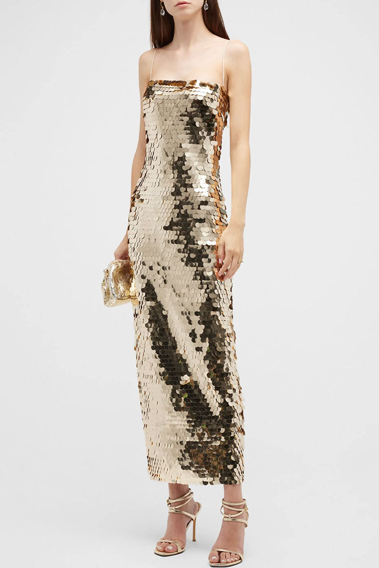 Sequin Square Neck Spaghetti Strap Bodycon Midi Dress in Gold