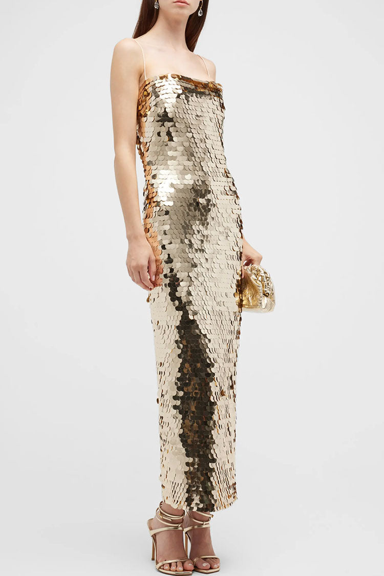 Sequin Square Neck Spaghetti Strap Bodycon Midi Dress in Gold - View 2