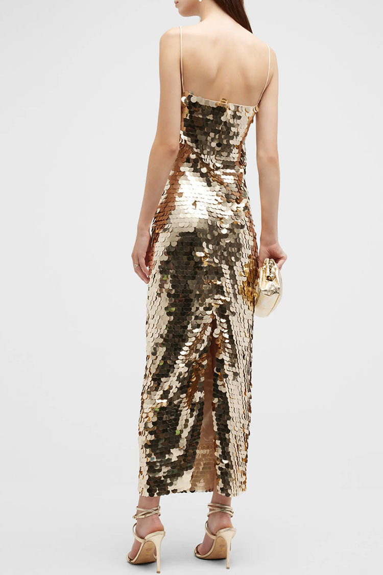 Sequin Square Neck Spaghetti Strap Bodycon Midi Dress in Gold - View 3