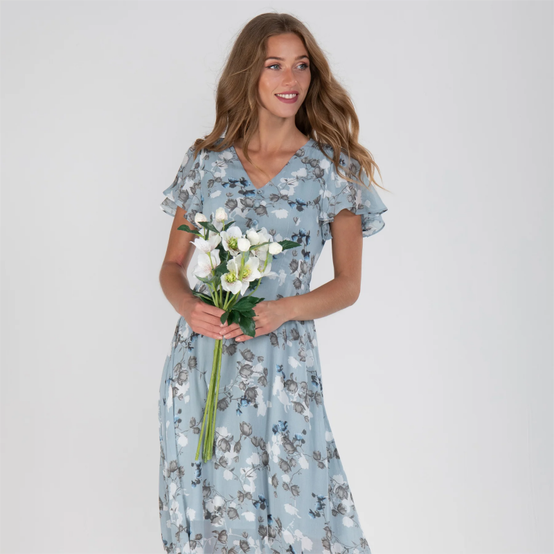 Floral Print Short Sleeve V-Neck A-Line Maxi Dress