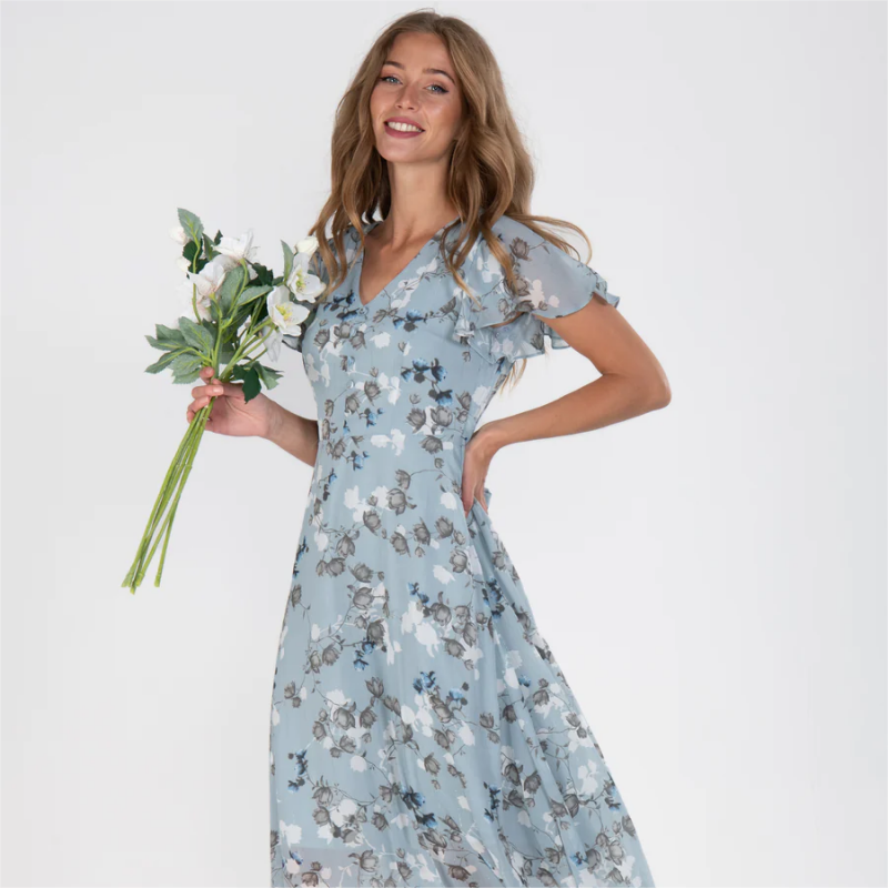 Floral Print Short Sleeve V-Neck A-Line Maxi Dress - View 2