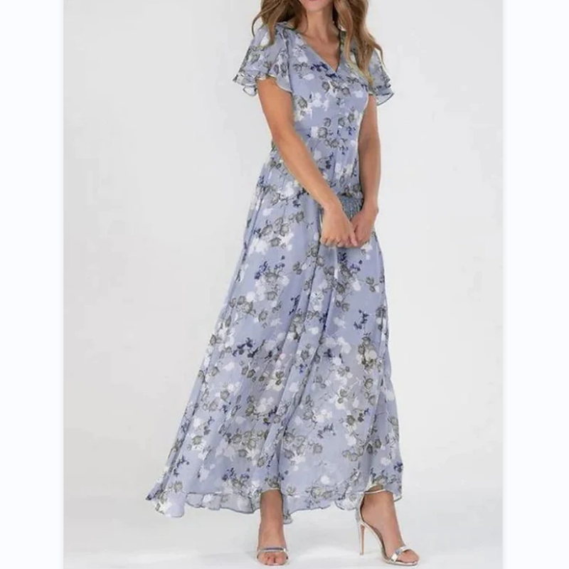 Floral Print Short Sleeve V-Neck A-Line Maxi Dress - View 5