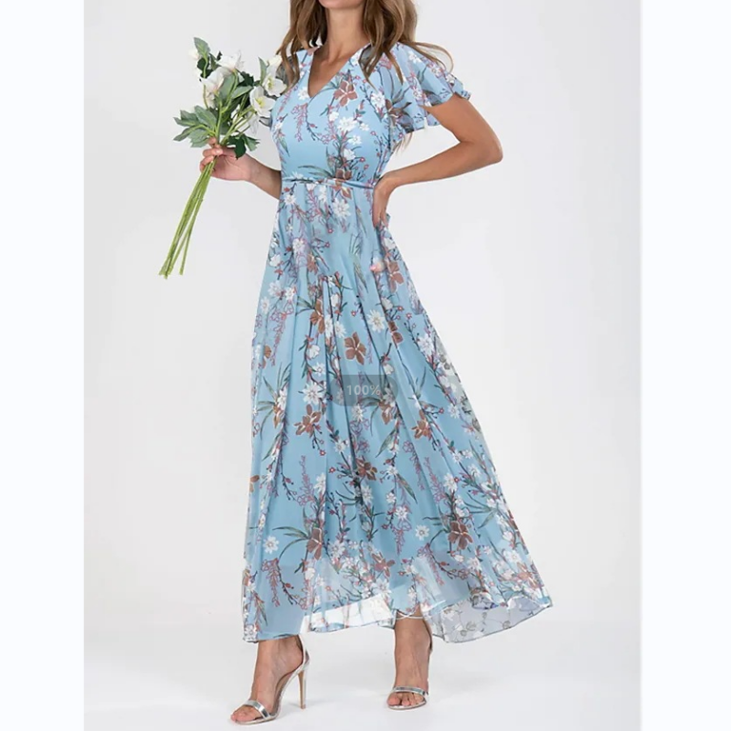 Floral Print Short Sleeve V-Neck A-Line Maxi Dress - View 4