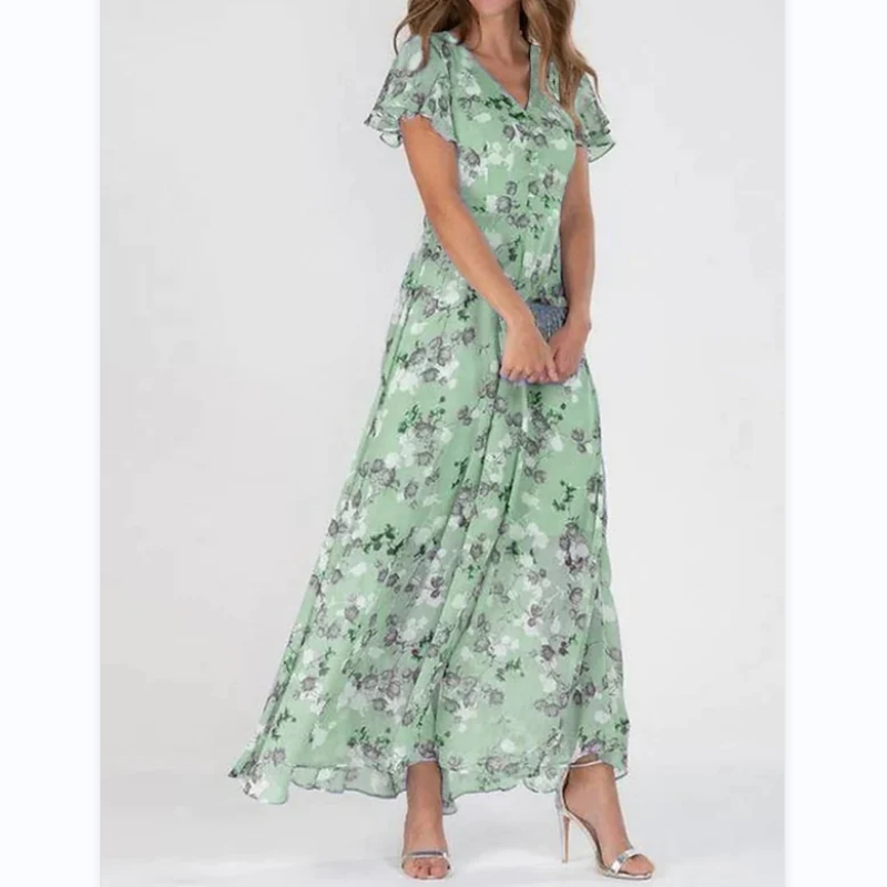 Floral Print Short Sleeve V-Neck A-Line Maxi Dress - View 6