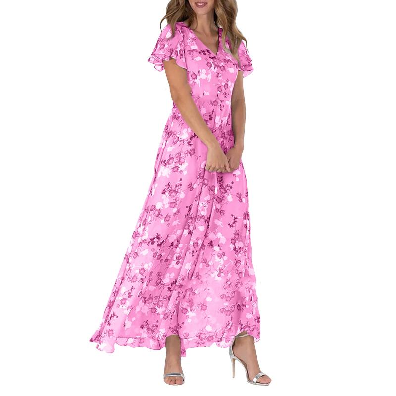 Floral Print Short Sleeve V-Neck A-Line Maxi Dress - View 7