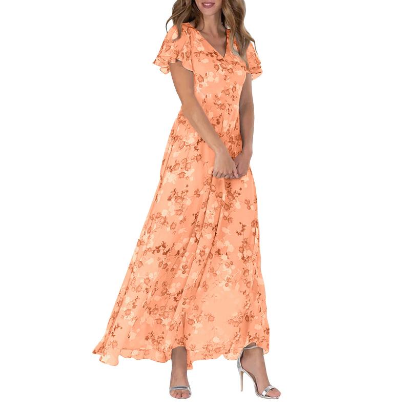 Floral Print Short Sleeve V-Neck A-Line Maxi Dress - View 8