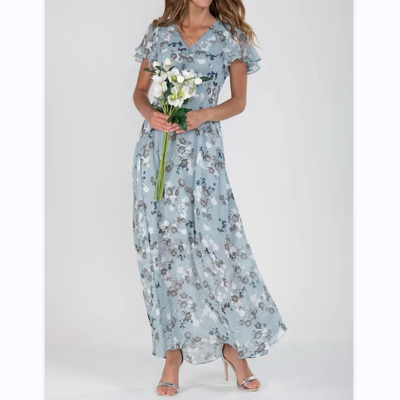 Floral Print Short Sleeve V-Neck A-Line Maxi Dress - View 9