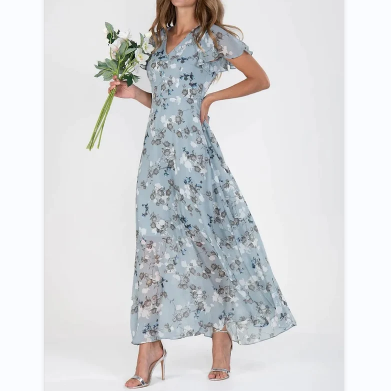 Floral Print Short Sleeve V-Neck A-Line Maxi Dress - View 10
