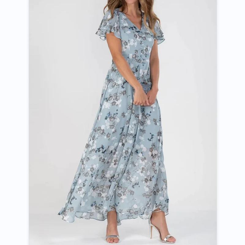 Floral Print Short Sleeve V-Neck A-Line Maxi Dress - View 12
