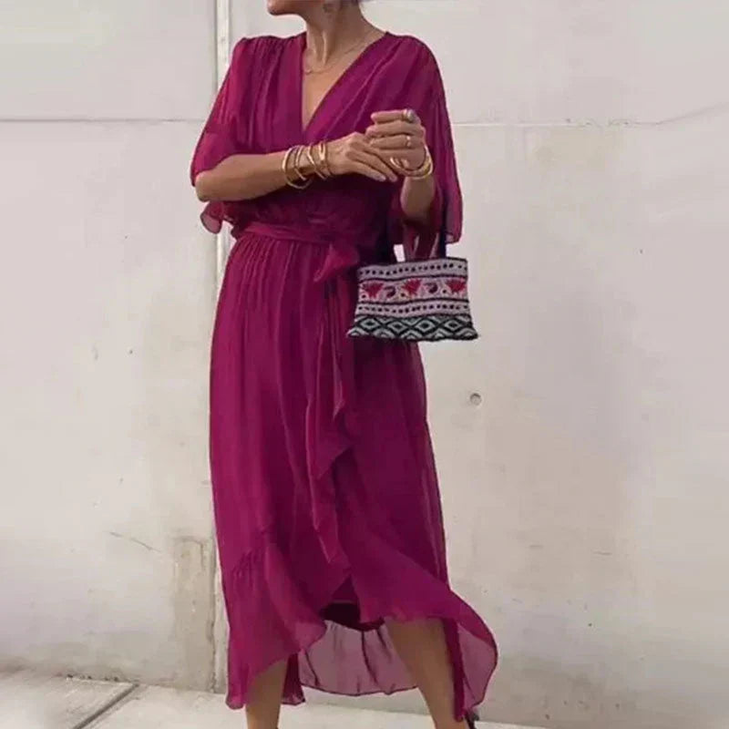 Deep V-Neck Wrap Flutter Sleeve Tie Waist Maxi Gown - View 6