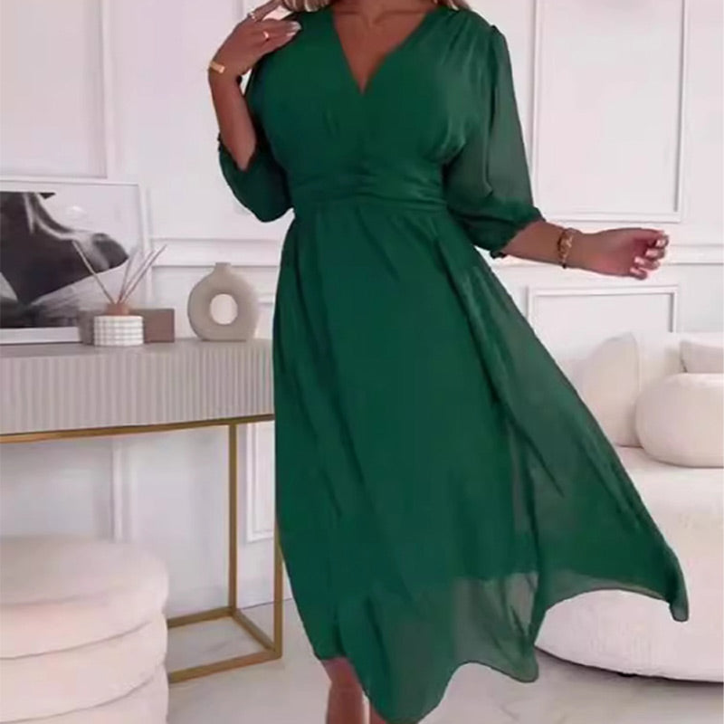 V-Neck Puff Sleeve Chiffon Maxi Dress - View 6
