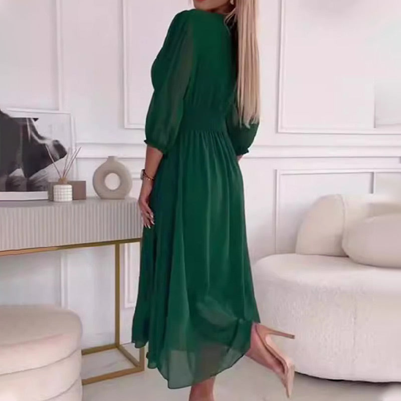 V-Neck Puff Sleeve Chiffon Maxi Dress - View 7